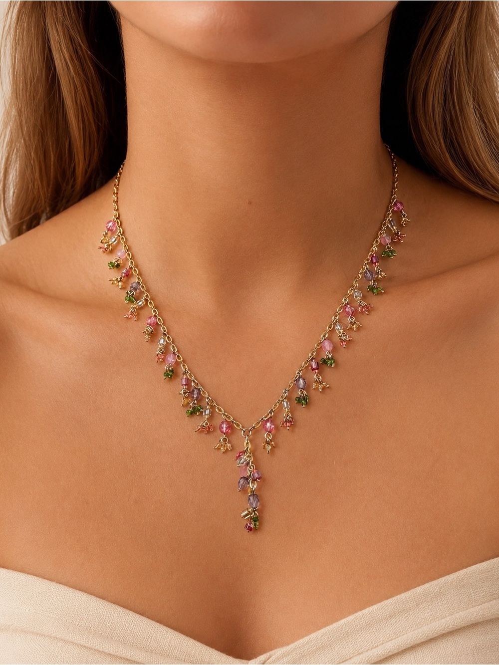 Gold Tone Necklace with Multi colored Gemstone Drops